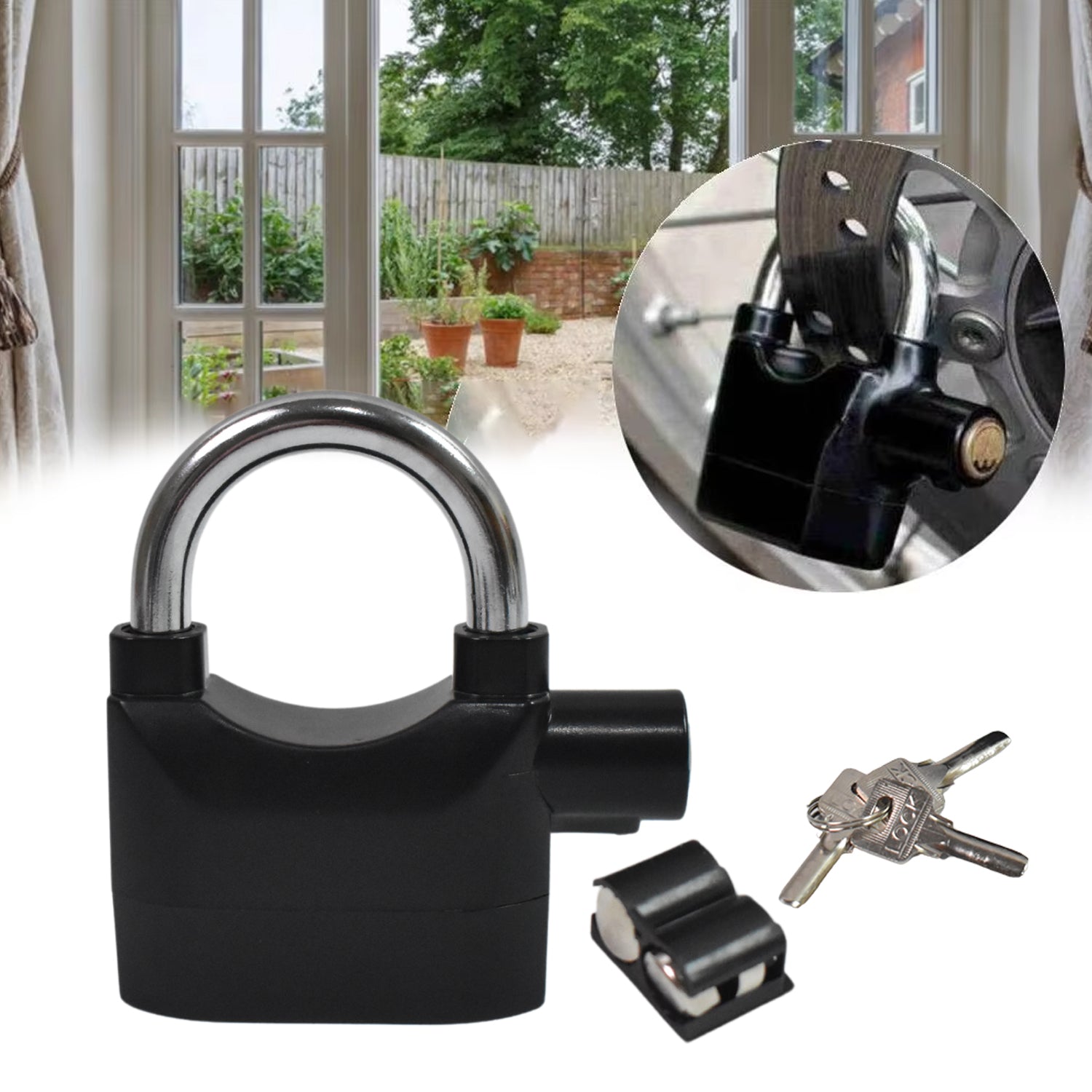 Wukusy plastic waterproof siren alarm lock with three keys, used for home security and improvement.