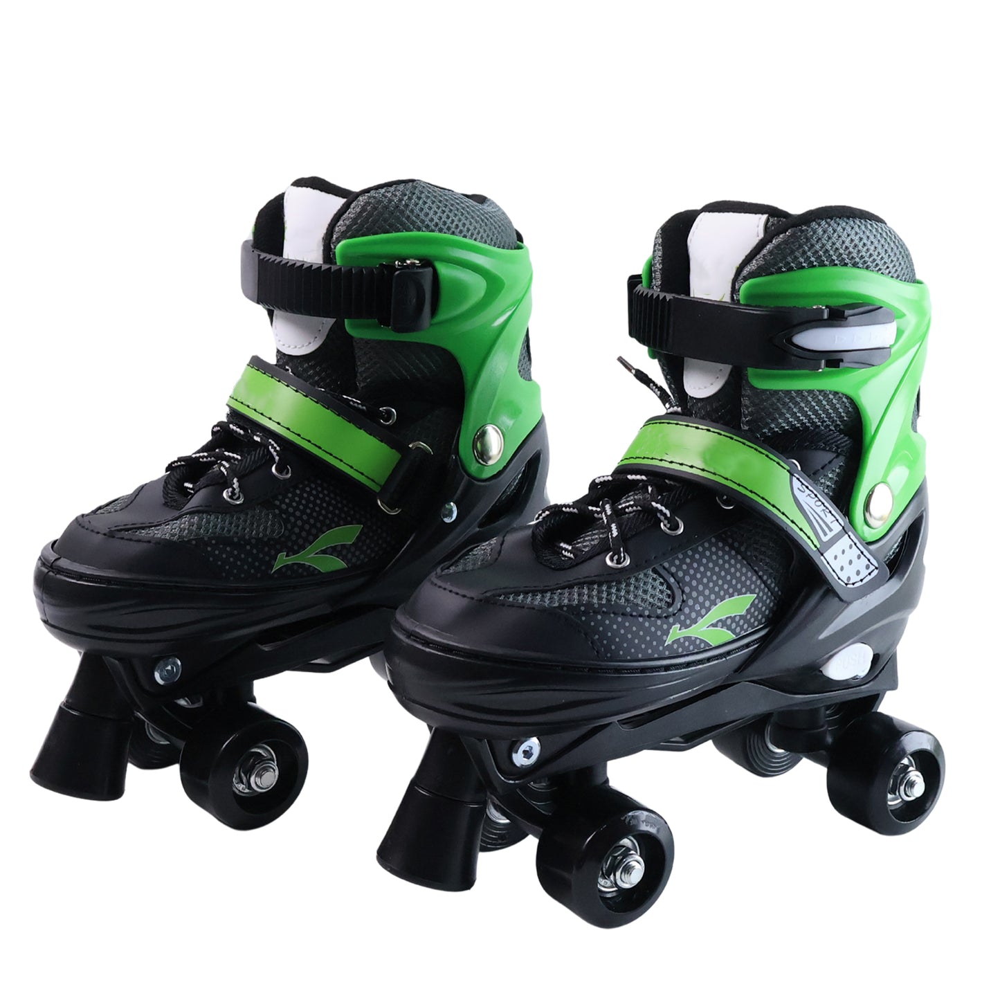 Kids' adjustable quad roller skates by Wukusy with large size, featuring four wheels and ankle support for safe skating.