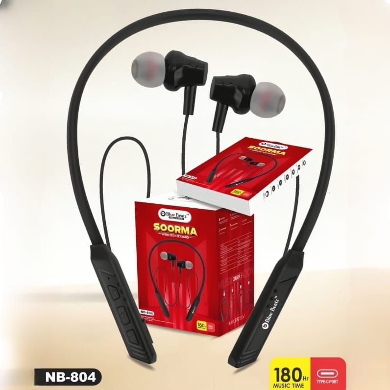 Black Charkee NB-804 wireless neckband Bluetooth headphones with in-ear design and music controls, up to 20 hours of playtime.