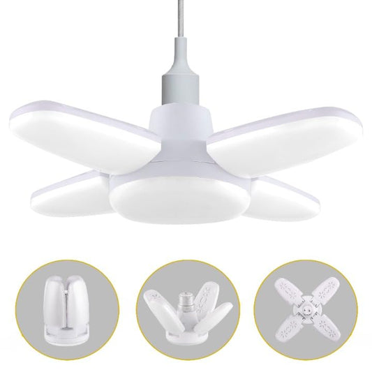 White 25W Charkee mini fan blade LED bulb with 4-leaf foldable design and adjustable ceiling light for home use.