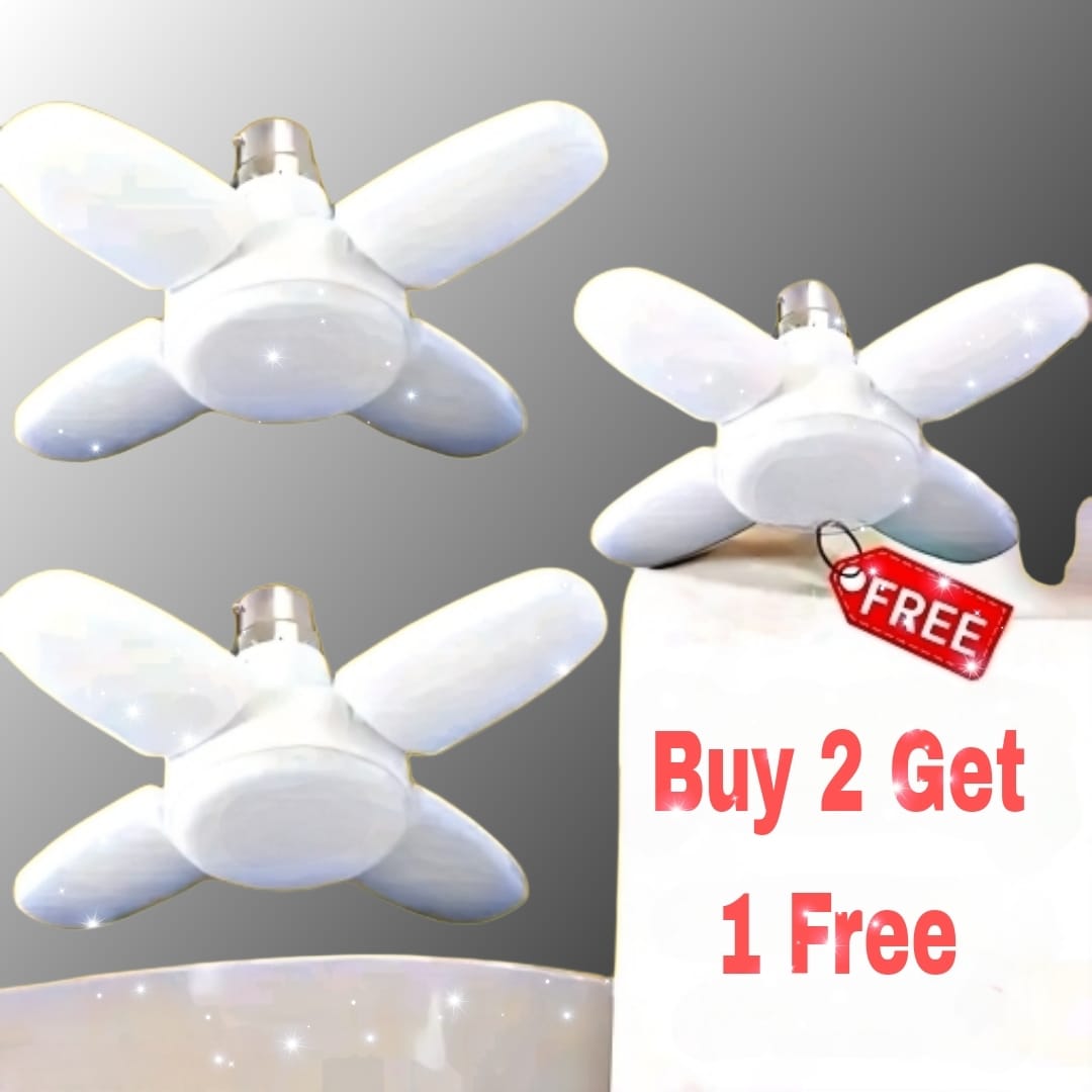 Set of three 25W Charkee LED bulbs with foldable 4-leaf mini fan blades and adjustable ceiling light angles.