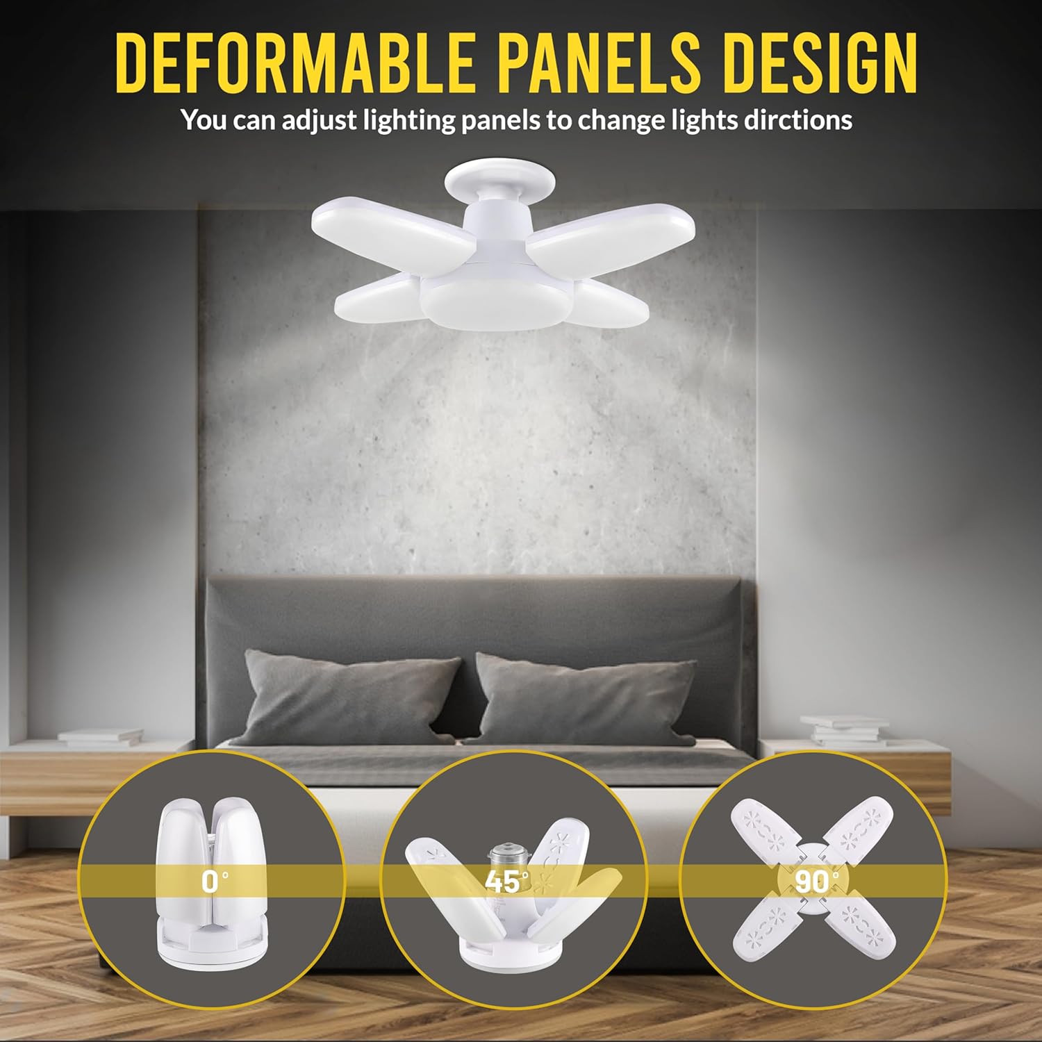 Set of three white 8354 Charkee 25W LED bulbs featuring foldable 4-leaf mini fan blades and adjustable ceiling light angles.