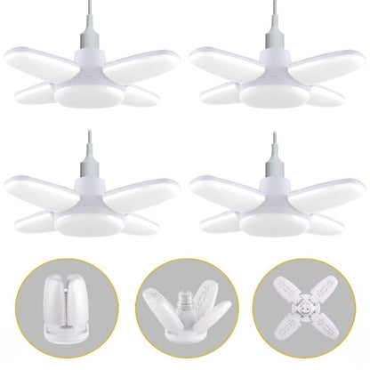 Pack of 4 white 8354 Charkee 25W LED bulbs with foldable 4-leaf fan blades and adjustable ceiling light angles.