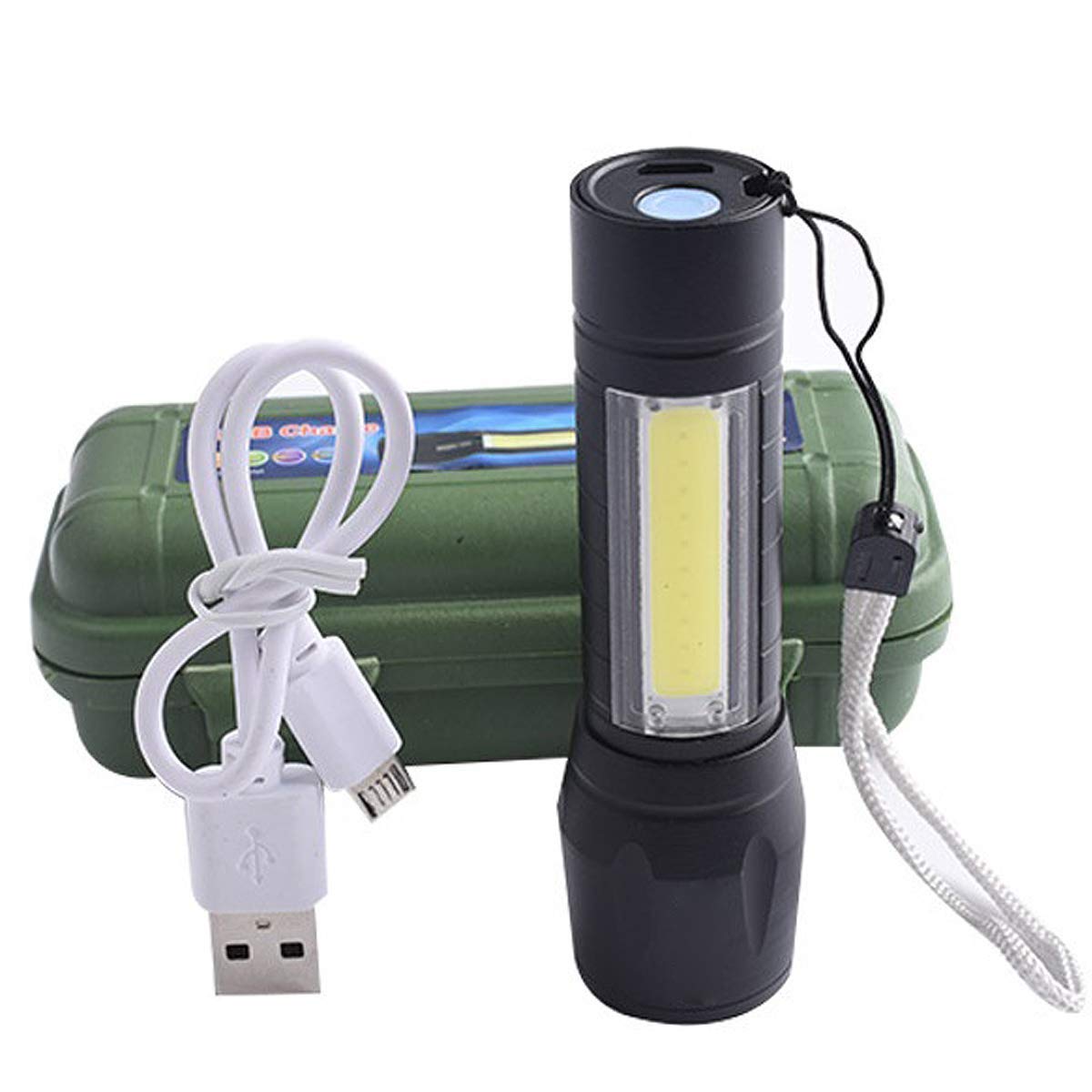 Charkee 3W 3-in-1 rechargeable emergency torch light for camping, hiking, and fishing with USB charging cable and box.