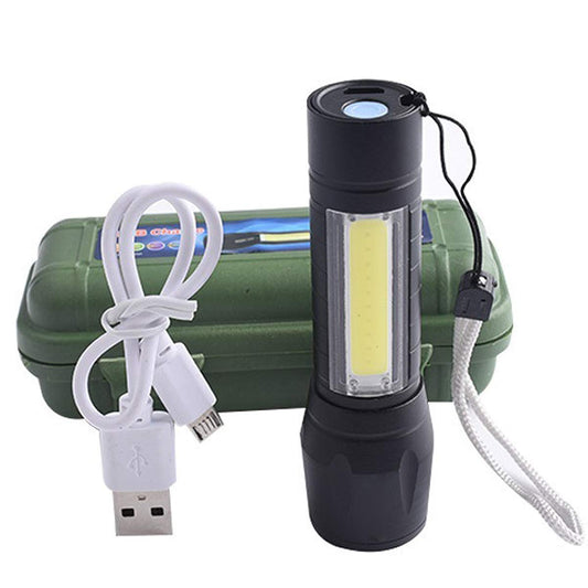Charkee 3W 3-in-1 rechargeable emergency torch light for camping, hiking, and fishing with USB charging cable and box.