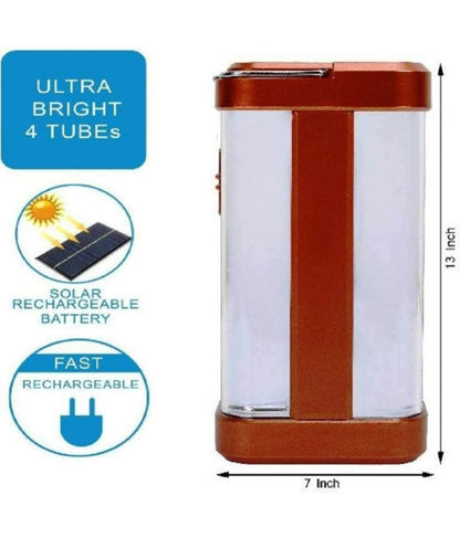 Charkee 9W 4-tube 360-degree emergency lantern with solar panel and rechargeable electric light, white plastic body.