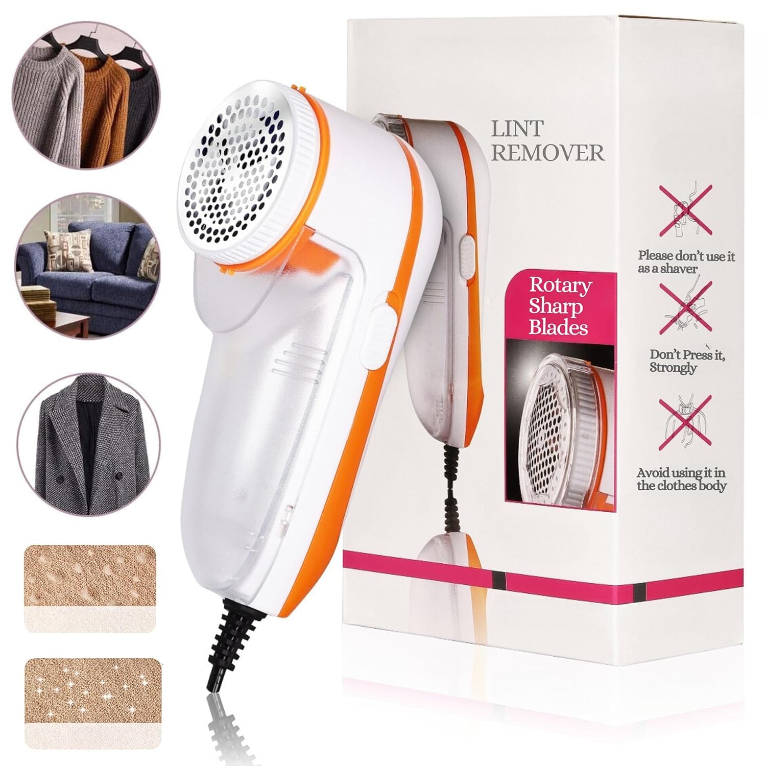 Orange Charkee lint remover for clothes, electric fabric shaver with dust collection, compact lint shaver by 8354.