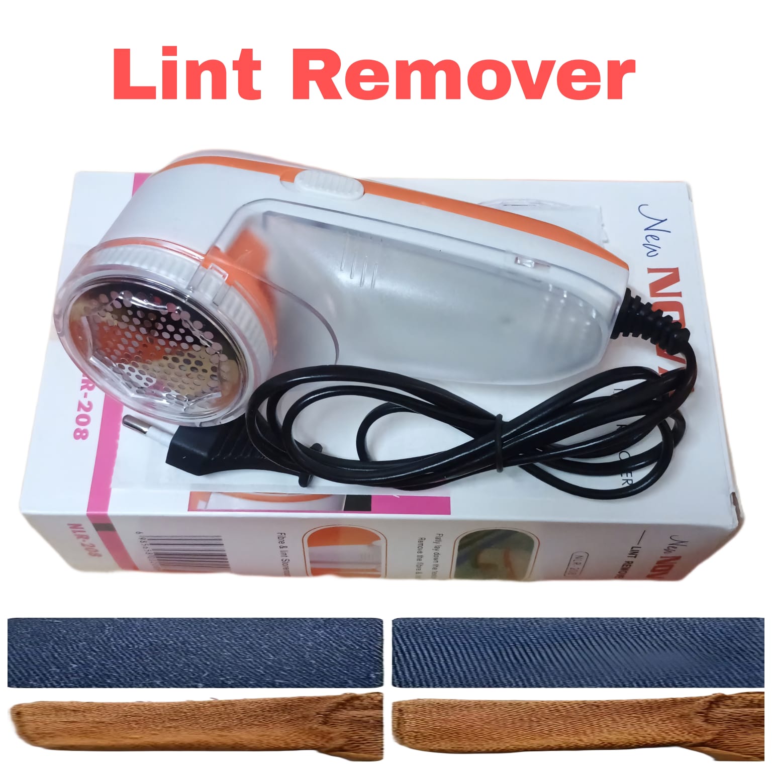 Orange Charkee lint remover for woolen clothes, electric lint shaver from brand 8354, shown with the device and its shaving head.