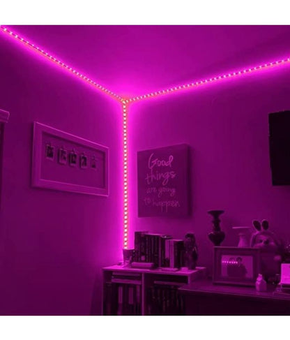 Pink RGB LED strip light by 8354, flexible waterproof night light tape, safe and suitable for ambient lighting.