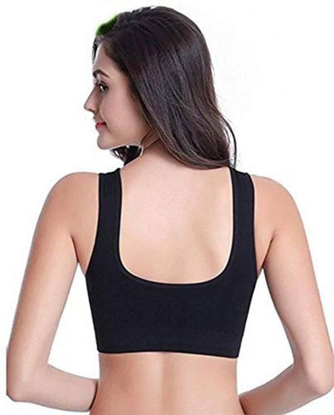 Set of three women's nylon and cotton sports bras by Drpshippr, non-padded, non-wired, comfortable for active outdoor wear.