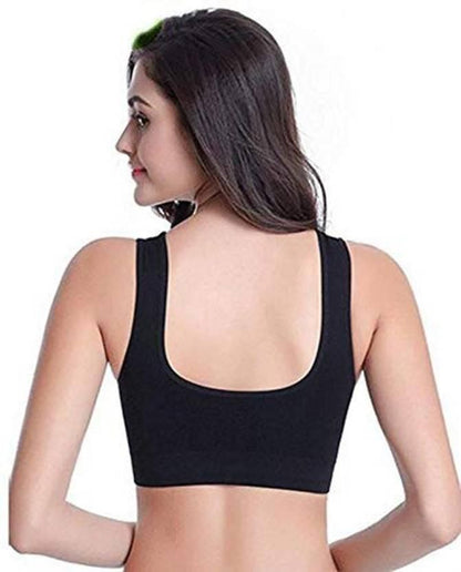 Set of three women's nylon and cotton sports bras by Drpshippr, non-padded, non-wired, comfortable for active outdoor wear.