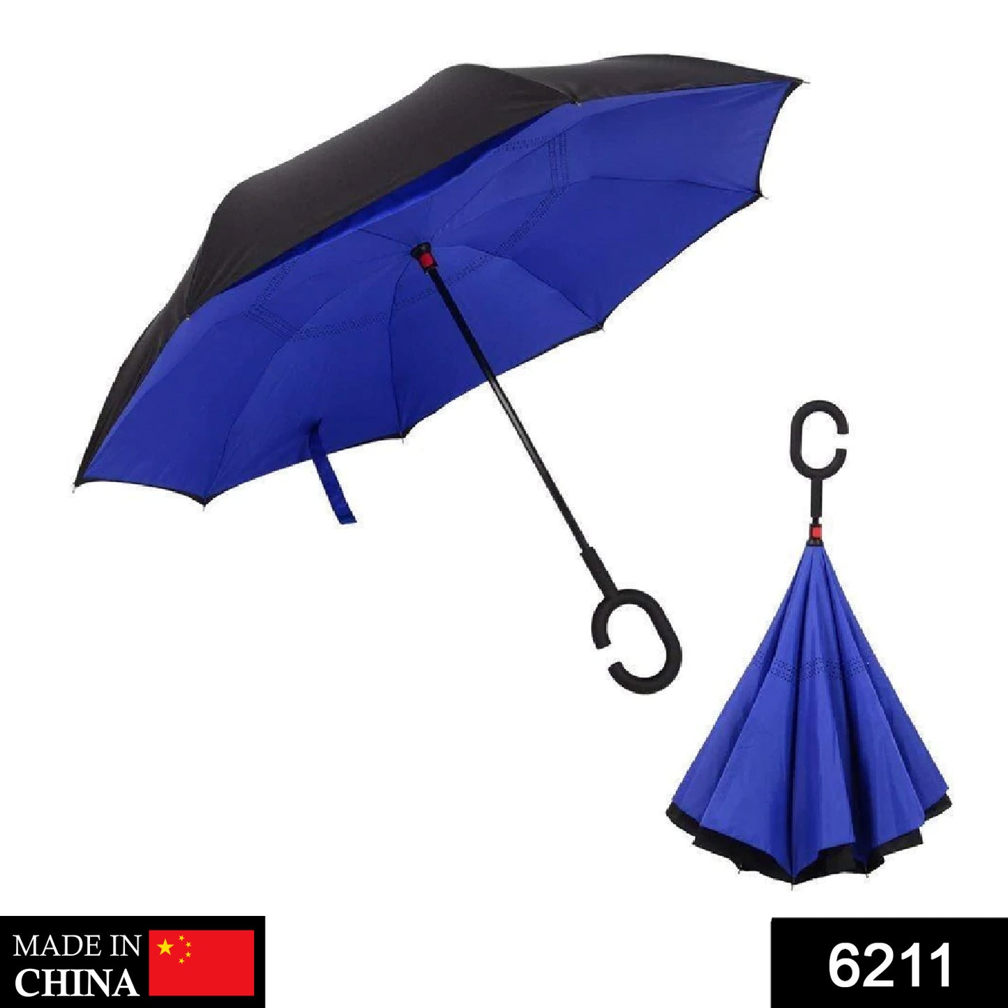 Wukusy 6211 plain windproof upside-down reverse umbrella with C-shaped handle, showing its unique upside-down design and sturdy construction.