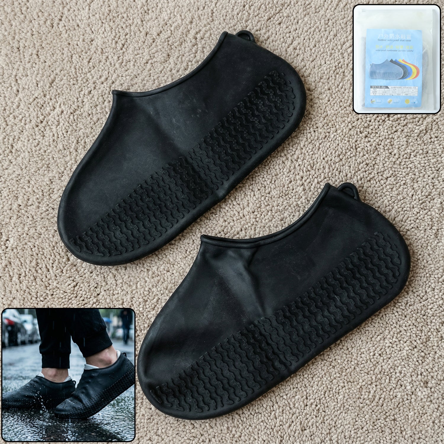 Pair of black waterproof silicone shoe covers by Wukusy, medium size, designed to protect shoes from water and dirt.