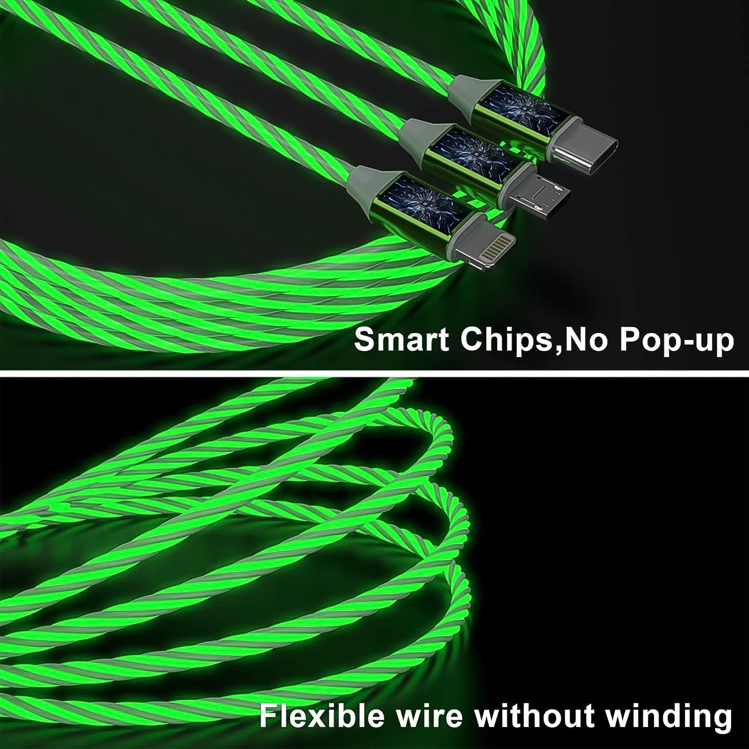 Wukusy 3-in-1 light-up fast charging cable for mobile devices, featuring multiple charging ports and illuminated design.