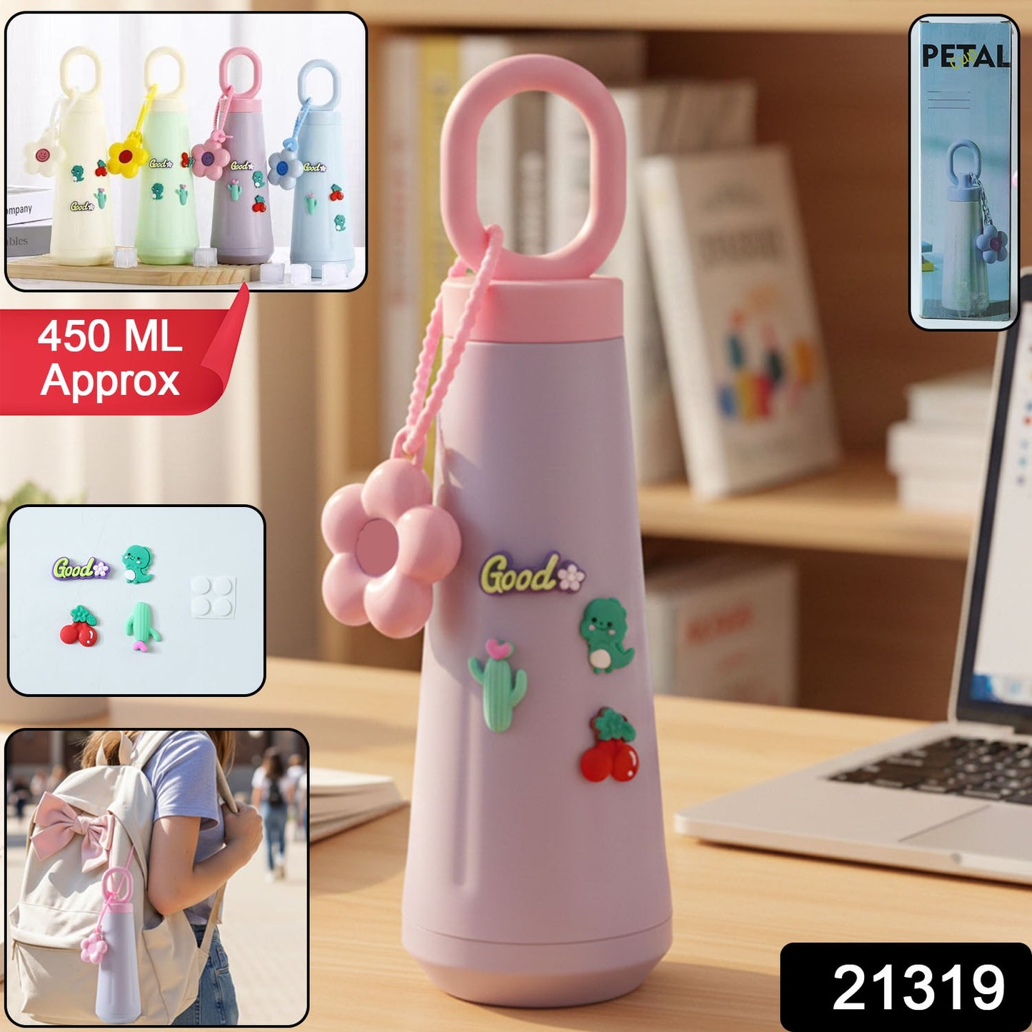 Cute 450ml portable water bottle by Wukusy, compact design with colorful patterns, ideal for on-the-go hydration.
