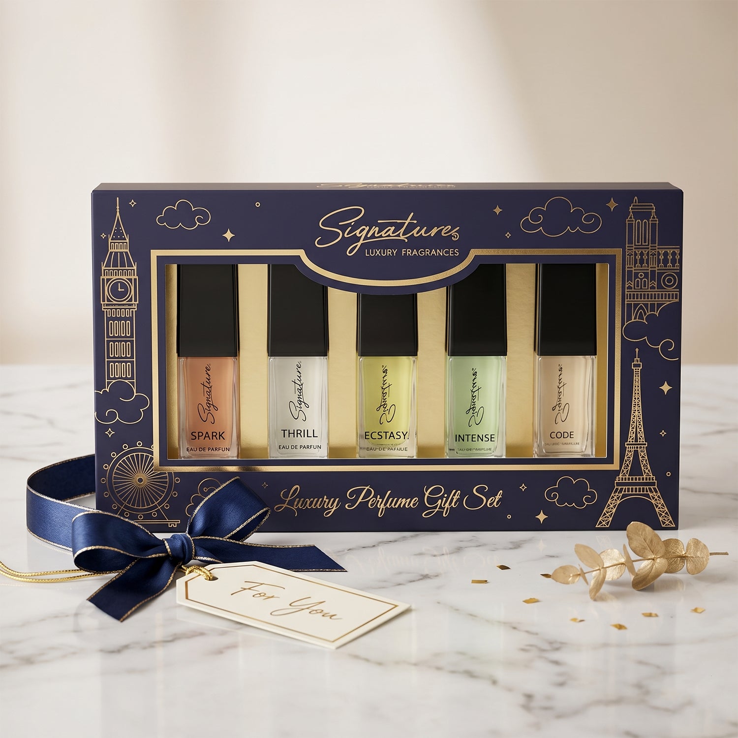 Wukusy Signature Luxury Perfume Gift Set with five 15ml bottles, elegant packaging and assorted fragrances displayed.