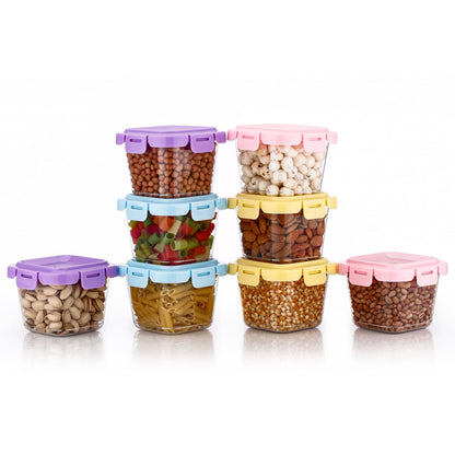 Set of four Wukusy plastic food storage containers with lids, each holding 500 ml, ideal for kitchen organization and food preservation.