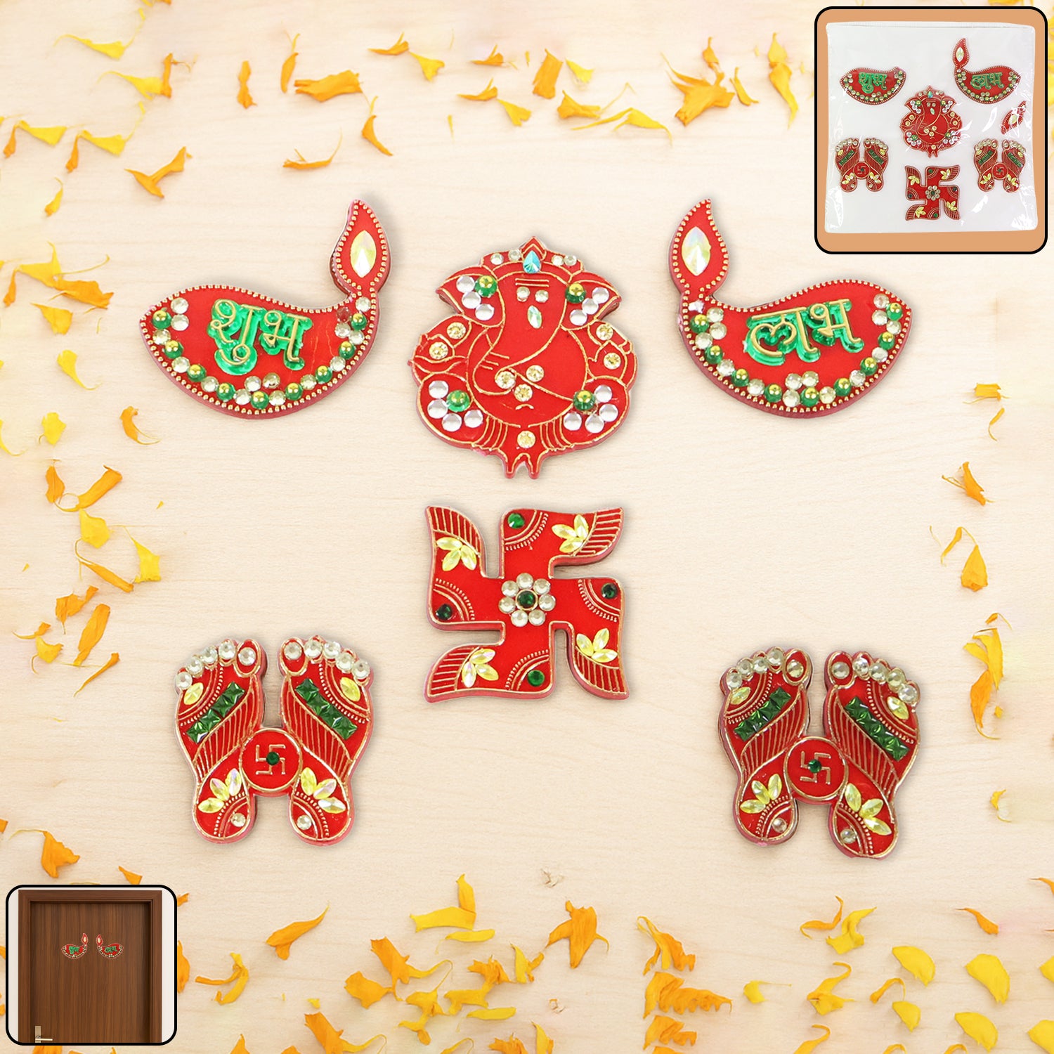 Set of six traditional decorative Shubh Labh door hangings by Wukusy for home decor, featuring vibrant designs for auspicious entryways.