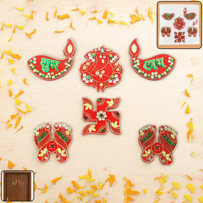 Set of six traditional decorative Shubh Labh door hangings by Wukusy for home decor, featuring vibrant designs for auspicious entryways.