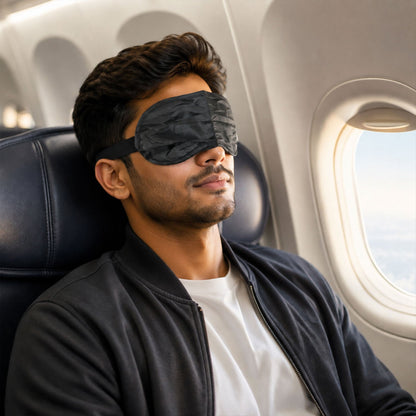 Wukusy 3-in-1 travel neck pillow set with sleep eye mask and ear plugs, showing the neck pillow, eye mask, and ear plugs on a white background.