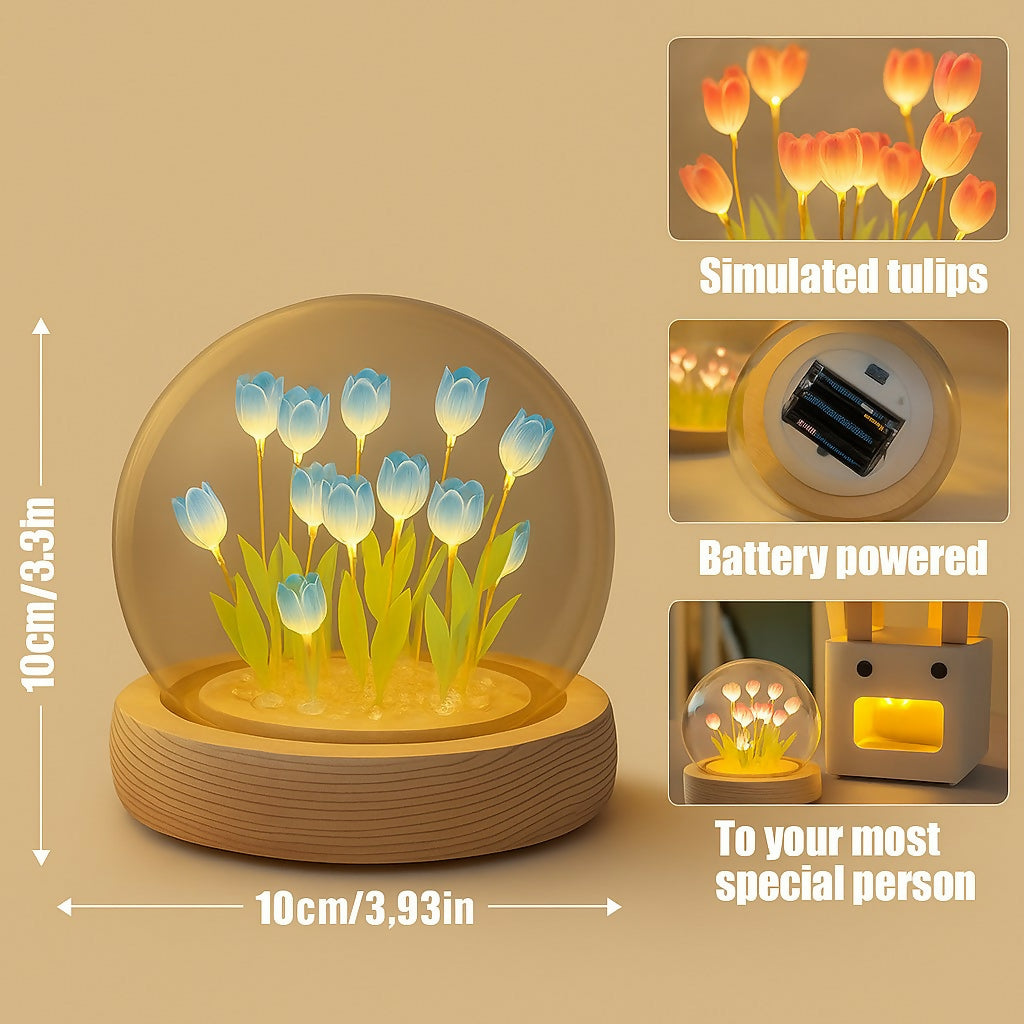 Wukusy DIY flower dome LED night lamp with decorative table light kit, showcasing a floral design and illuminated dome on a wooden base.