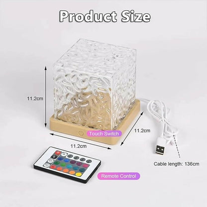 Wukusy Crystal Cube LED night lamp with remote, RGB color-changing light, featuring a clear crystal cube design on a white background.