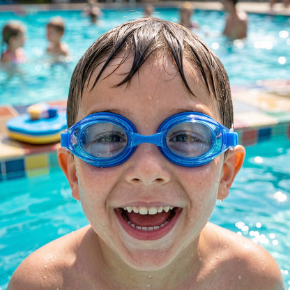 Kids Wukusy premium swimming goggles with clear lenses and secure fit, shown on a child ready for swimming.
