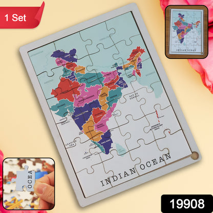 Wukusy Wooden India Map Puzzle set showing assembled wooden puzzle pieces of the Indian map on a flat surface.