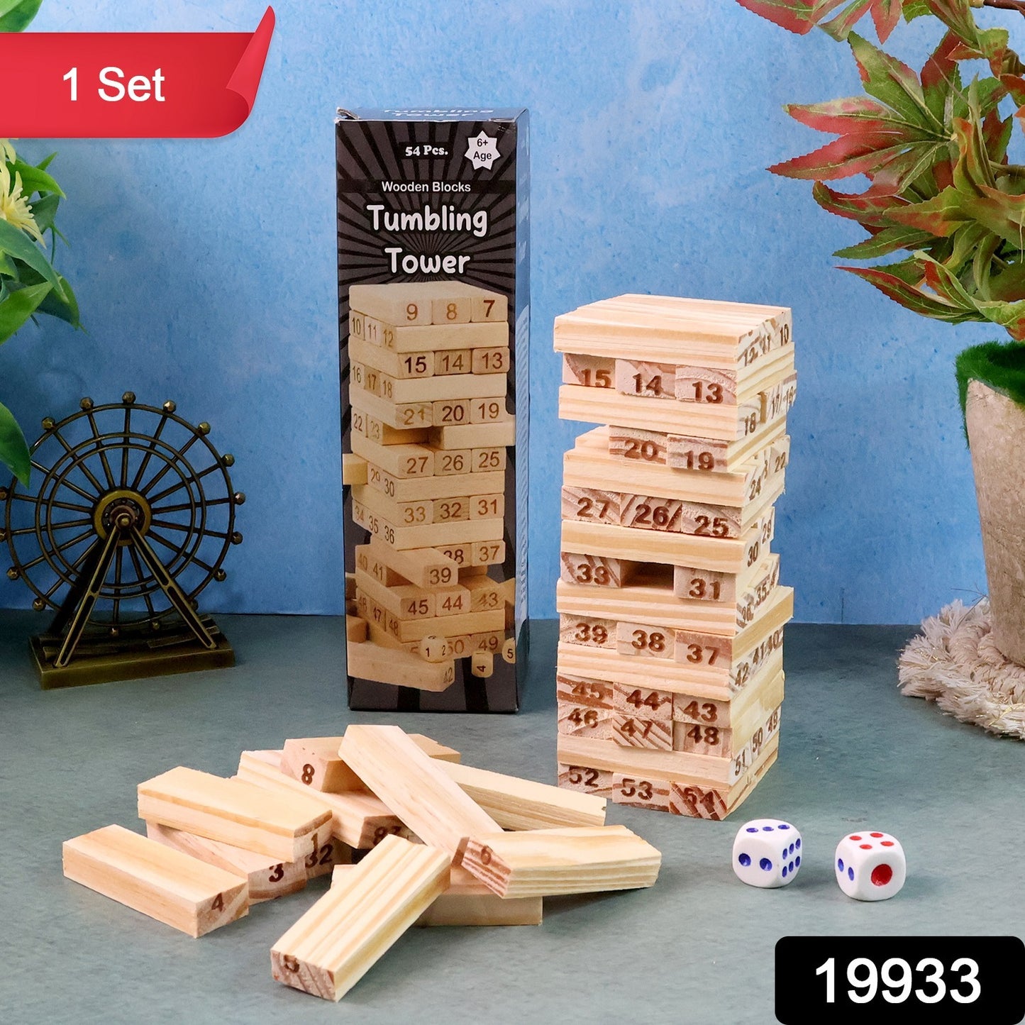 Wukusy Wooden Tumbling Tower game set with stacked natural wood blocks for stacking and balancing fun.