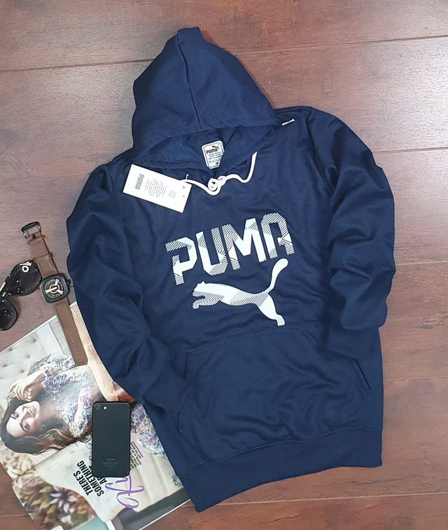Unisex blue printed hoodie for men and women, size small, made by 8969, showing front view with hood and graphic design.