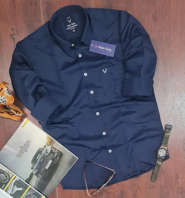 Navy blue full-sleeves men's shirt by 8969, made of comfortable fabric, featuring a classic collar and button closure.