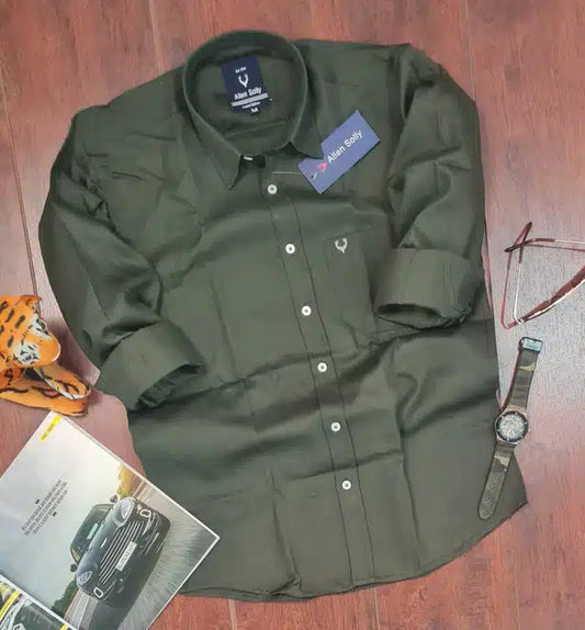 Olive full sleeves men's shirt by 8969, casual men's shirt in size M, made of comfortable fabric, displayed on a hanger.