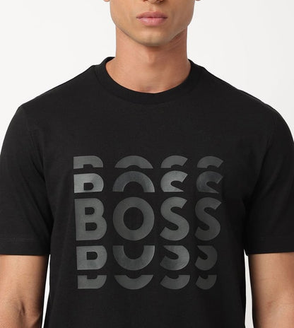 Black men's regular fit T-shirt from 8969, shown laid flat, made from soft fabric with short sleeves and round neckline.