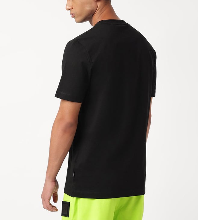 Men's black regular fit T-shirt by 8969, shown flat, featuring a classic crew neck and short sleeves in size medium.