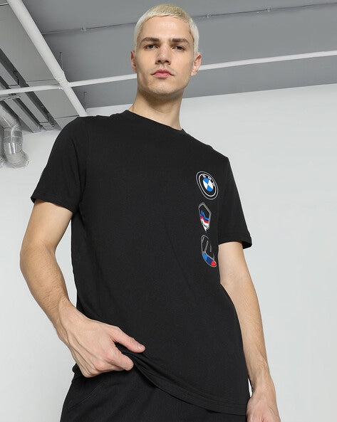 Black BMW M Motorsport garage men's crew-neck T-shirt in regular fit, featuring BMW M branding and sporty design.