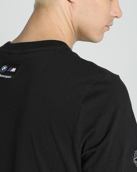Black BMW M Motorsport Garage men's crew-neck T-shirt, regular fit, with BMW M logo on the front.