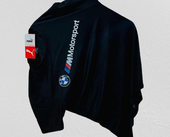 Black BMW M Motorsport Garage men's T-shirt with regular fit and crew neck, featuring BMW M Motorsport branding.