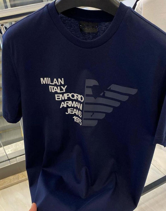 Men's blue V-printed trending T-shirt from 8969, casual fit, short sleeves, stylish design, size small.