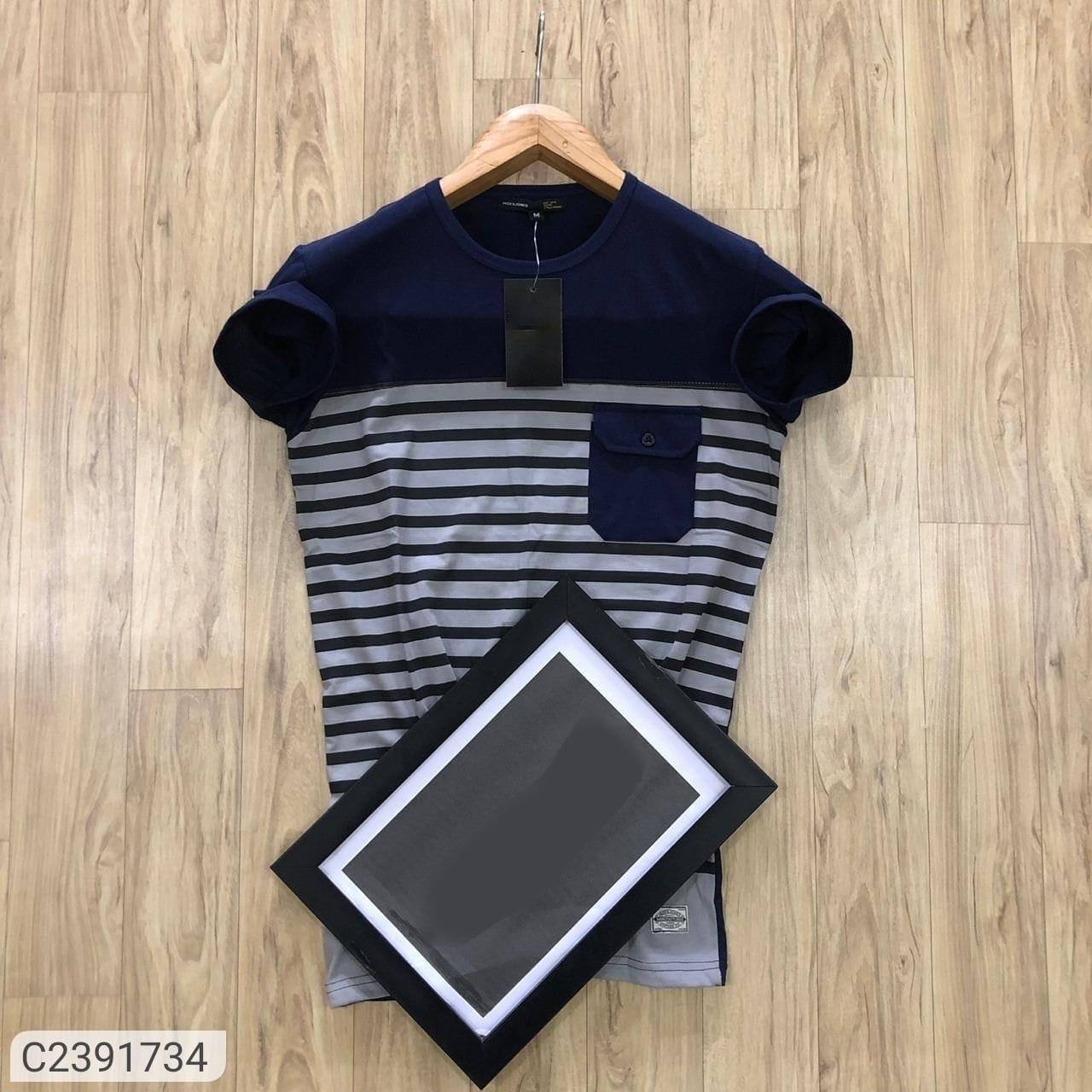 Men's regular fit T-shirt in grey and blue by 8969, front view showing soft fabric and casual style.