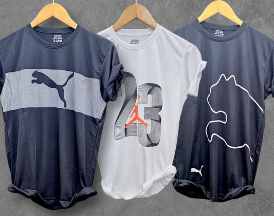 Set of three men's multicolor T-shirts from brand 8969, casual crew neck style, comfortable everyday wear.