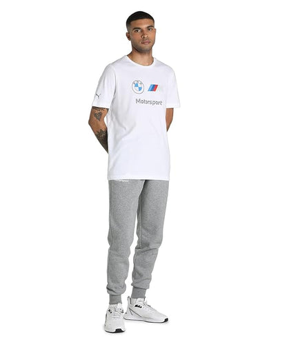 White Puma men's regular fit T-shirt, size M, made of soft cotton fabric, displayed flat with short sleeves and crew neckline.
