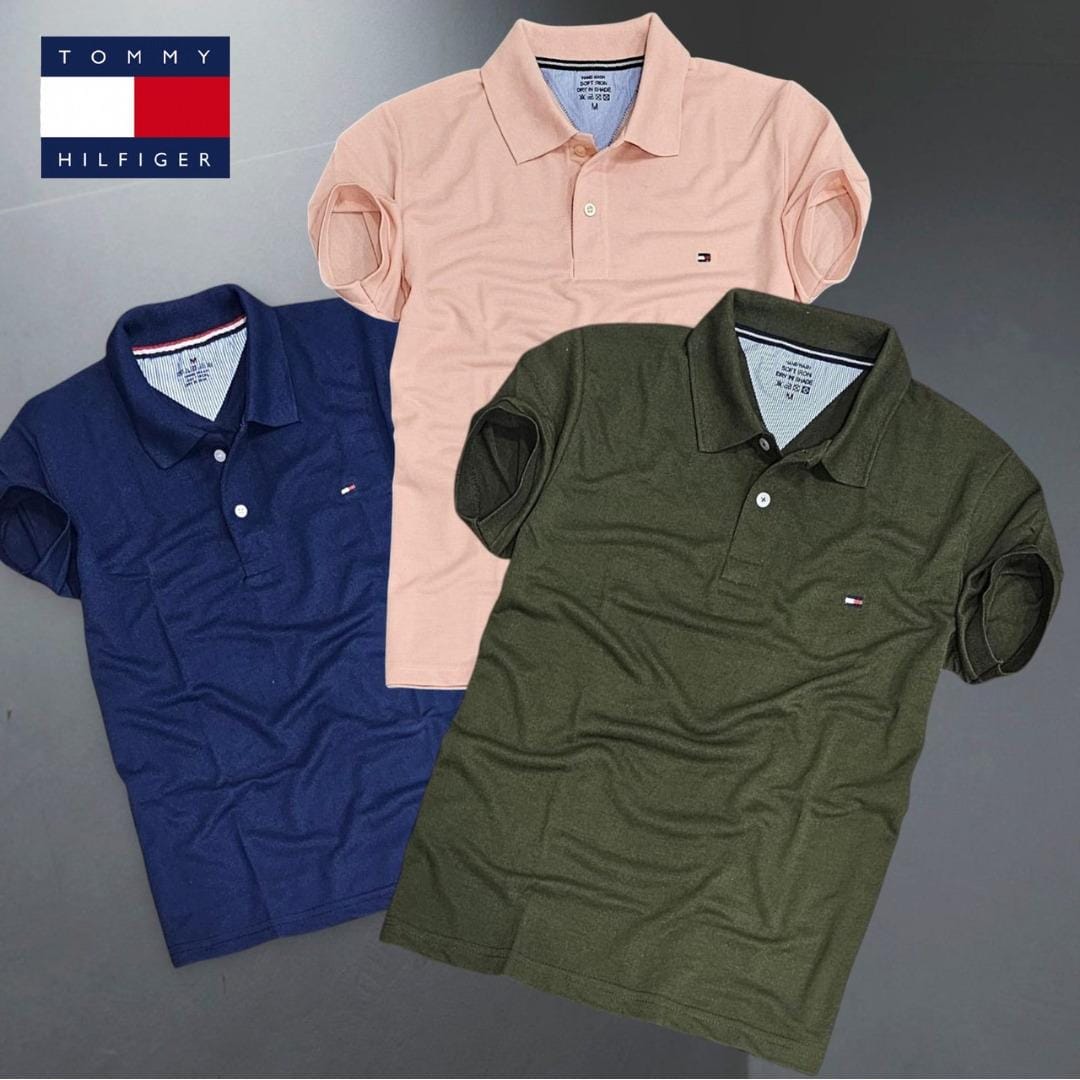 Set of three multicolor men's polo T-shirts by 8969, featuring classic polo collar and short sleeves for casual style.