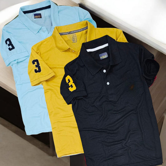 Set of three multicolor men's polo neck T-shirts by 8969, casual short-sleeve T-shirts in various colors, size M.