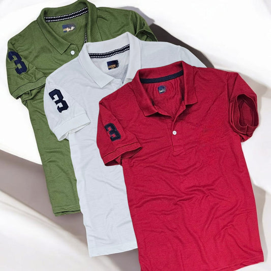 Set of three multicolor men's polo neck T-shirts by 8969, casual short-sleeve T-shirts for men in size M.