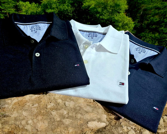 Set of three multicolor men's polo neck T-shirts by 8969, casual short-sleeve T-shirts for men in size M.