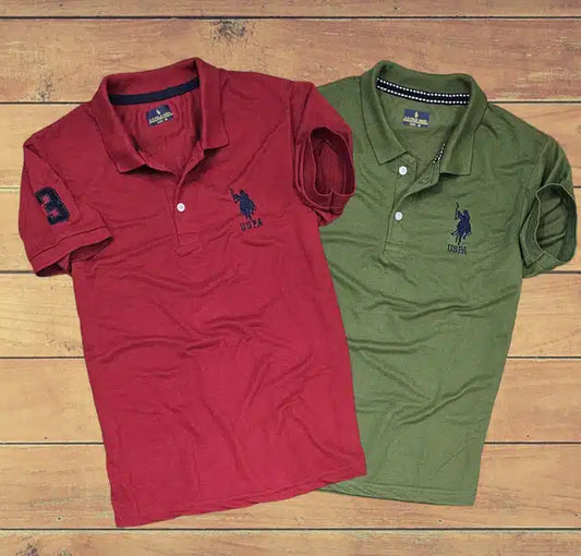 Mens Polo Neck T-Shirts by 8969, pack of 2 in red and olive, casual men's T-shirts, front view, size Medium