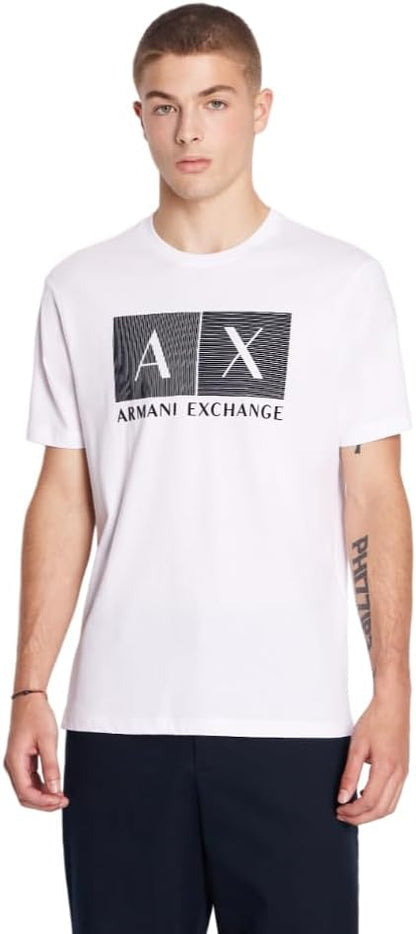 White Armani Exchange men's regular fit T-shirt, size M, displayed flat with soft cotton fabric and simple crew neck design.