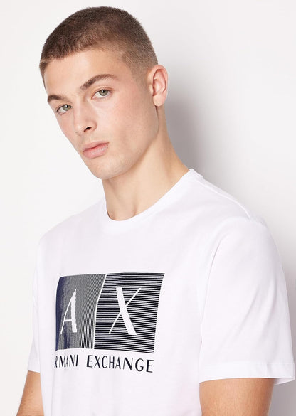 White Armani Exchange men's regular fit T-shirt, size M, plain front, soft cotton fabric, casual style for men.