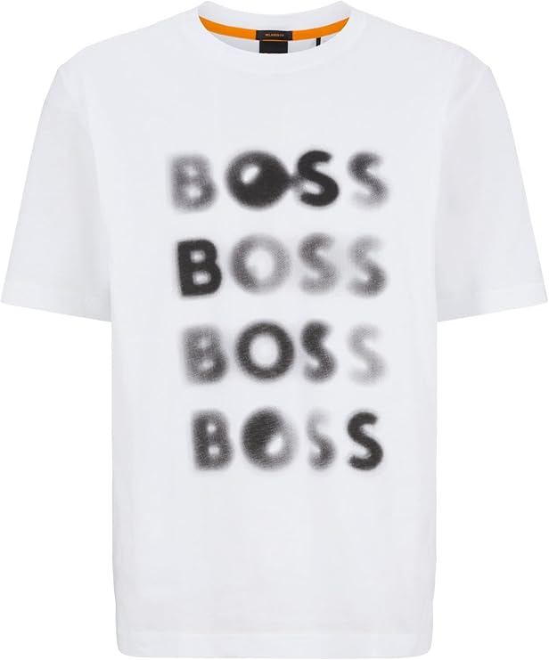 White BOSS men's T-shirt with crew neck and short sleeves, size M, displayed flat on a clean background.