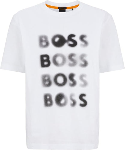 White BOSS men's T-shirt with crew neck and short sleeves, size M, displayed flat on a clean background.